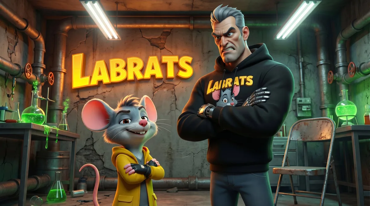A Labrats hero rat stands smugly next to a scowling villain forced to wear Labrats merch in an underground lab